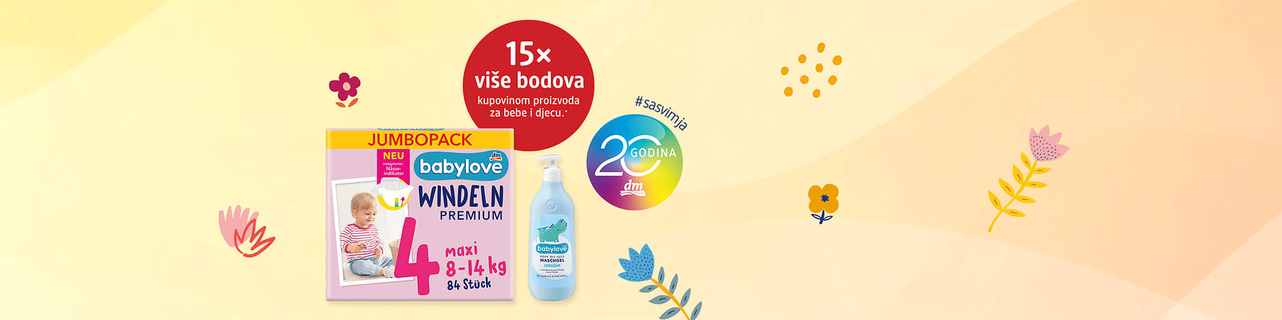 Pakovanje pelena babylove veličine 4 i bočica dječjeg gela na promotivnoj pozadini