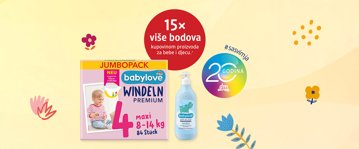 Pakovanje pelena babylove veličine 4 i bočica dječjeg gela na promotivnoj pozadini