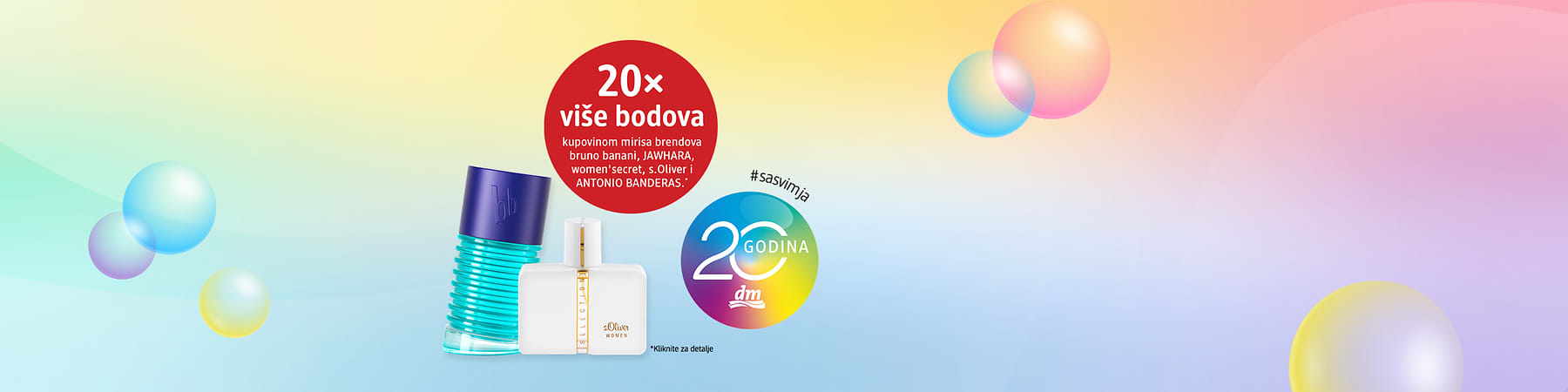 Dva parfema na šarenoj pozadini s natpisom 20x više bodova i 20 godina dm