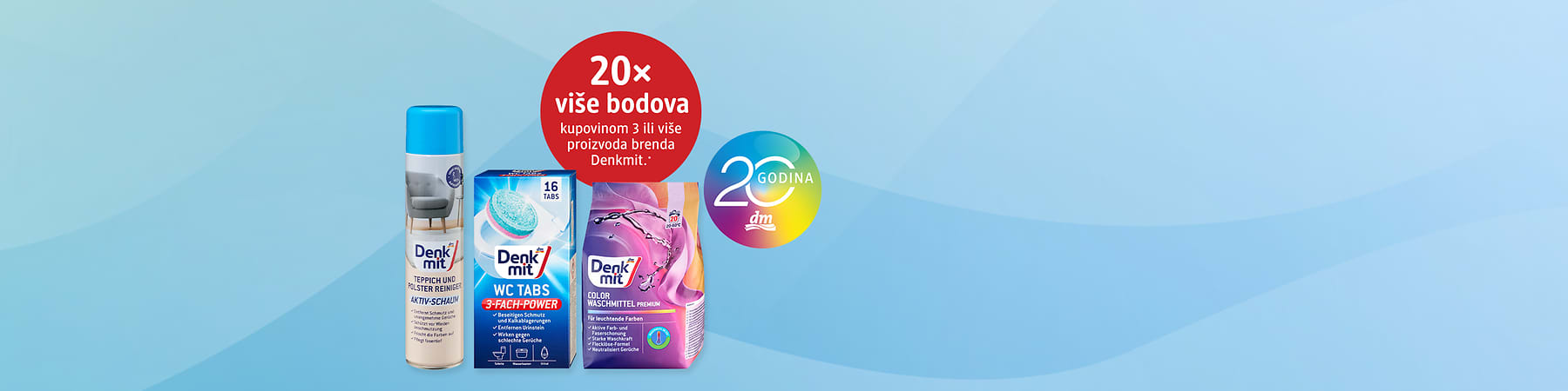 Tri Denkmit proizvoda za čišćenje na plavoj pozadini s natpisom 20x više bodova