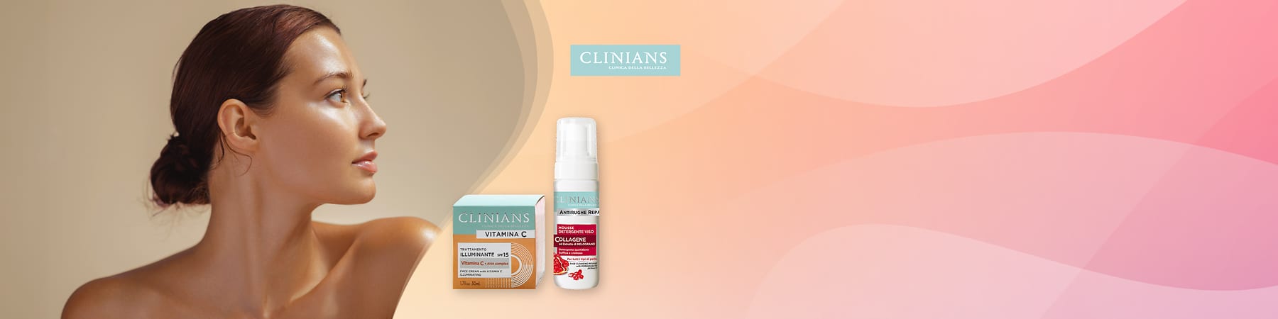 Kozmetika Clinians, krema vitamina C i proizvod protiv starenja uz profil žene
