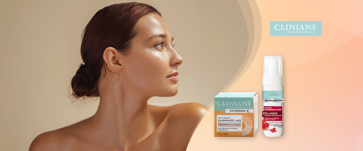 Kozmetika Clinians, krema vitamina C i proizvod protiv starenja uz profil žene