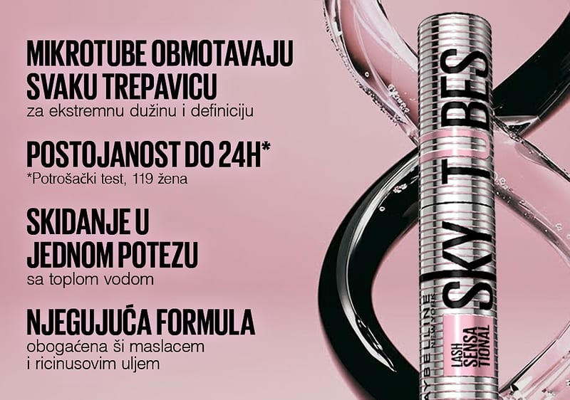 Maskara Sky High Tubes u srebrno ružičastom pakiranju na ružičastoj pozadini