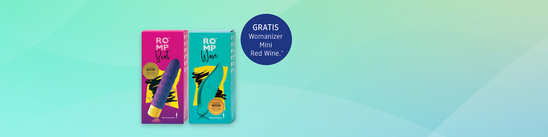 Pakovanja seksualnih igračaka Romp Beat i Romp Wave na plavoj pozadini