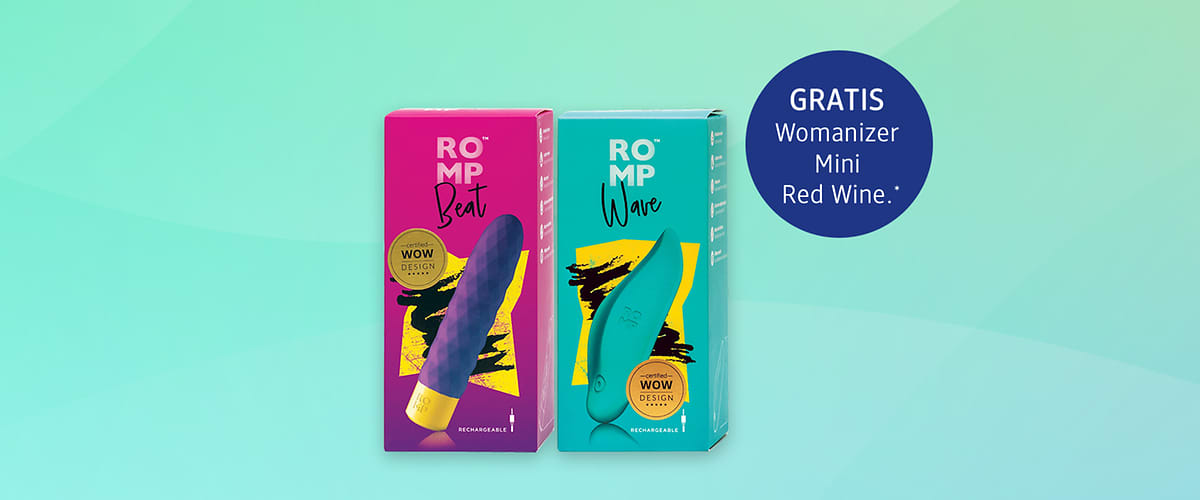 Pakovanja seksualnih igračaka Romp Beat i Romp Wave na plavoj pozadini