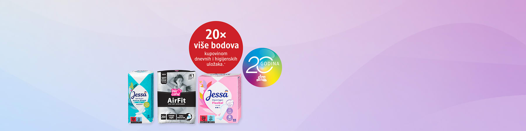 Higijenski ulošci Jessa i We Care AirFit u pakovanjima na ljubičastoj pozadini