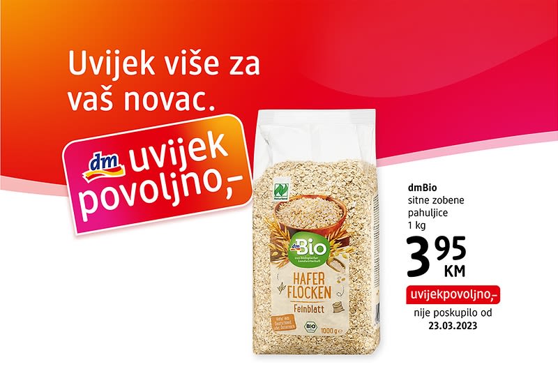 Pakovanje dmBio sitnih zobenih pahuljica 1 kg uz promotivni natpis dm uvijekpovoljno