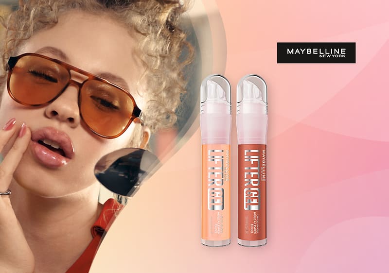 Usne u crvenom ružu i žena sa sunčanim naočalama u promotivnoj fotografiji Maybelline