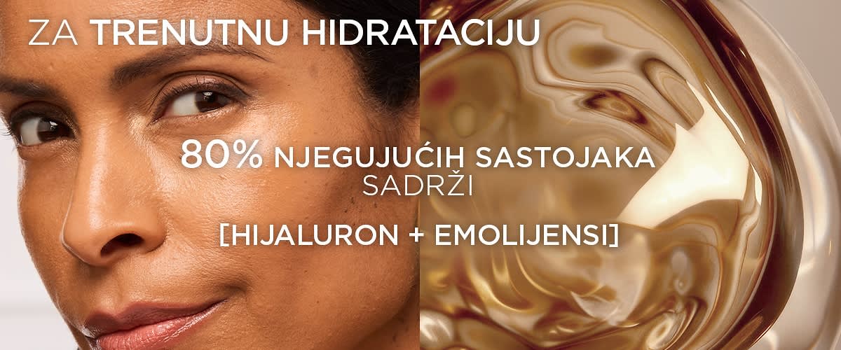 Lijevi dio lica žene i desni dio kremasta tekstura proizvoda za hidrataciju kože