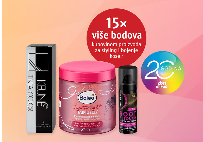 Proizvodi za kosu prikazani: boja za kosu, gel za oblikovanje i sprej za korijen