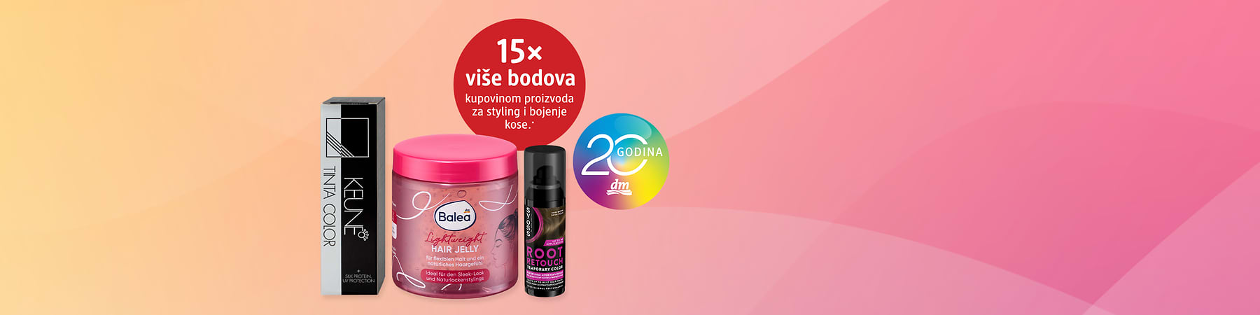 Proizvodi za kosu prikazani: boja za kosu, gel za oblikovanje i sprej za korijen