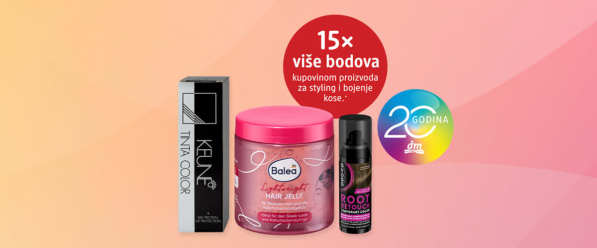 Proizvodi za kosu prikazani: boja za kosu, gel za oblikovanje i sprej za korijen
