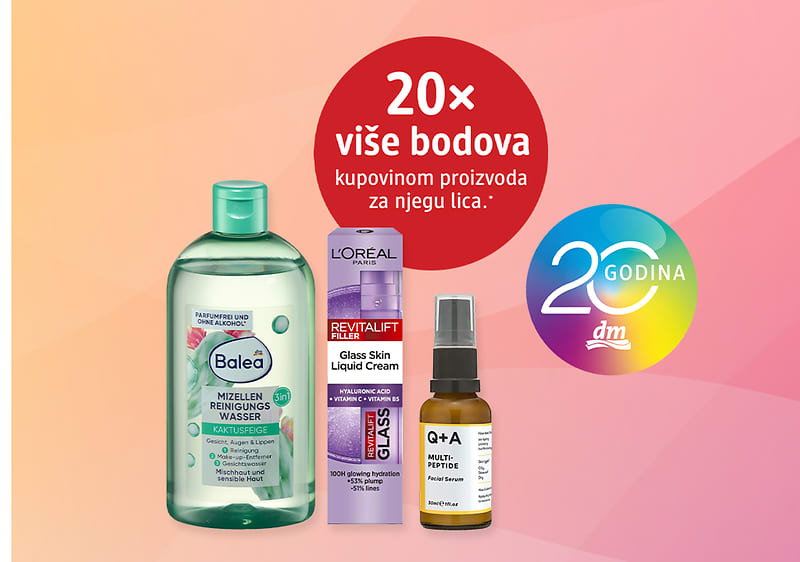 Tri proizvoda za njegu lica na pastelnoj pozadini s natpisom 20x više bodova