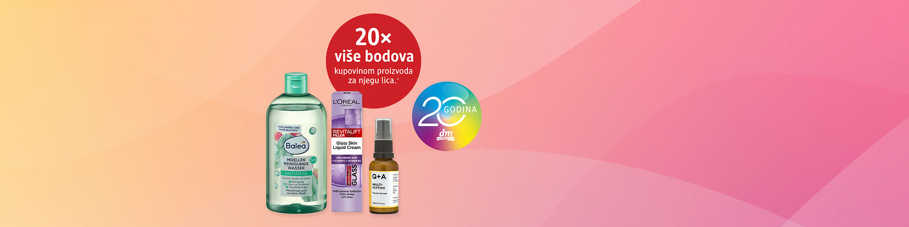 Tri proizvoda za njegu lica na pastelnoj pozadini s natpisom 20x više bodova