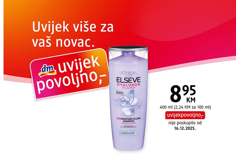 Šampon L'Oréal Elseve Hyaluron u ljubičastoj bočici uz cijenu i promotivni natpis