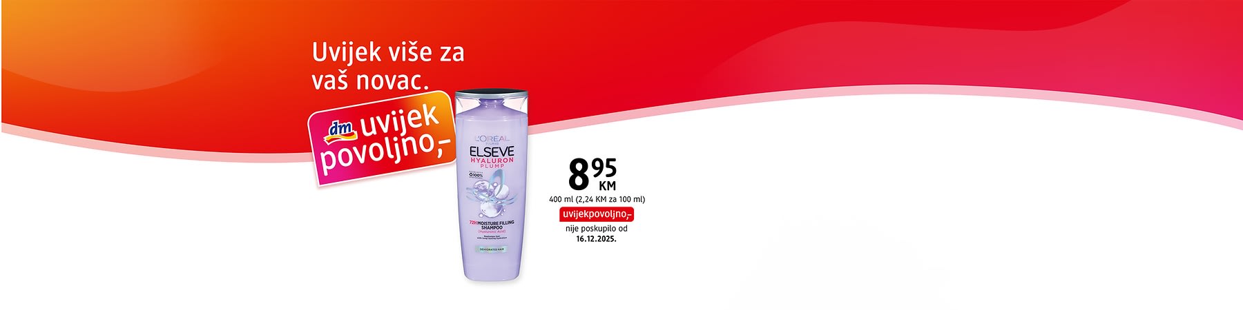 Šampon L'Oréal Elseve Hyaluron u ljubičastoj bočici uz cijenu i promotivni natpis