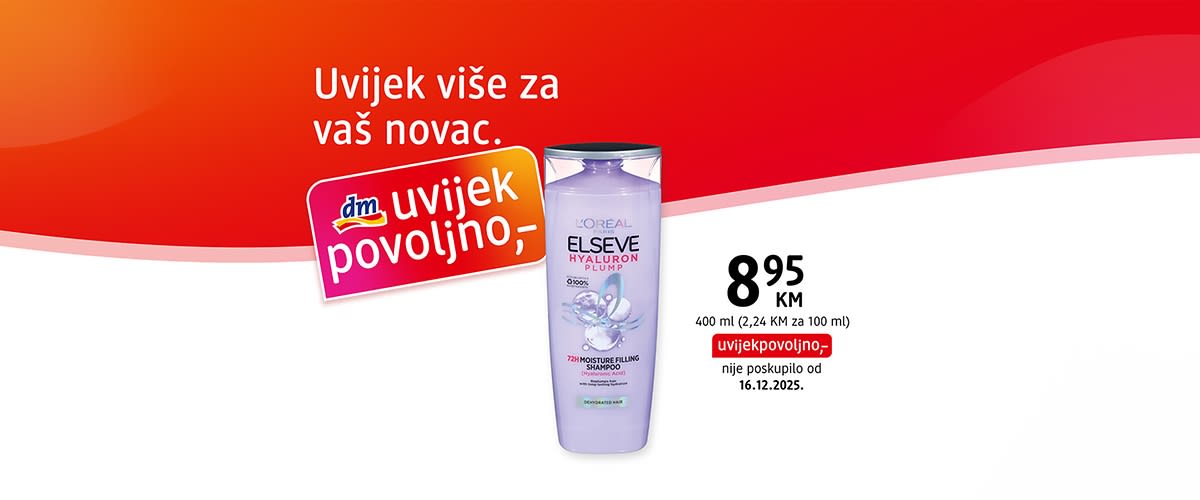 Šampon L'Oréal Elseve Hyaluron u ljubičastoj bočici uz cijenu i promotivni natpis