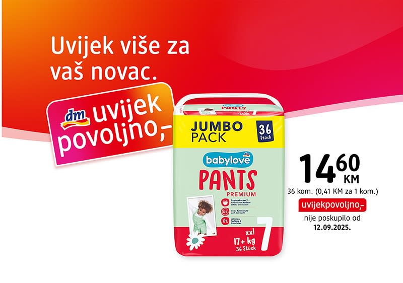 Pakovanje pelena Babylove Pants jumbo pack na bijeloj pozadini s cijenom 14,60 KM