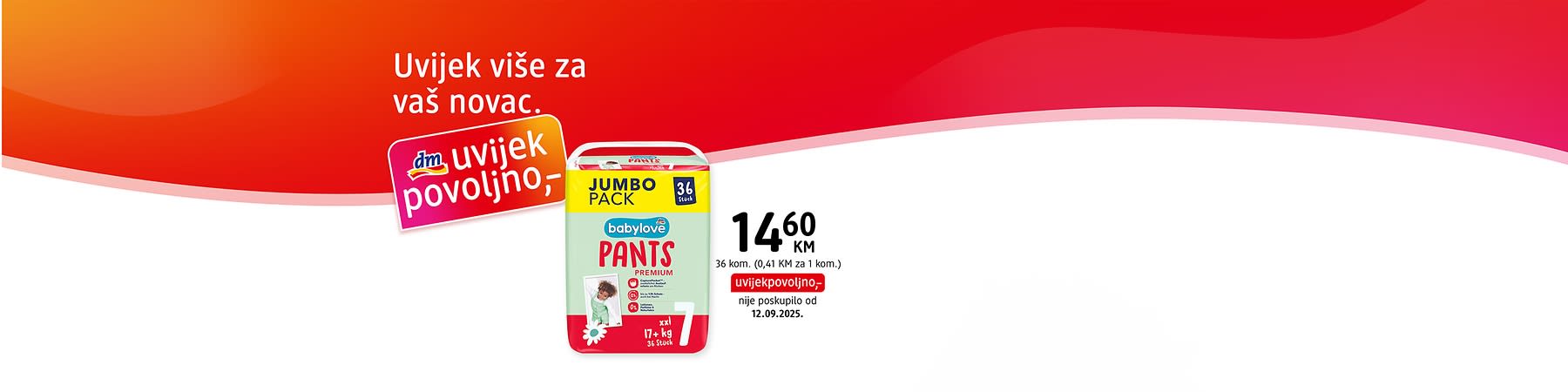 Pakovanje pelena Babylove Pants jumbo pack na bijeloj pozadini s cijenom 14,60 KM
