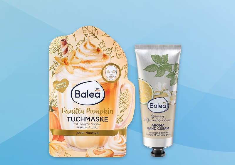 Balea Vanilla Pumpkin tuchmaske i Aroma Hand Cream na plavoj pozadini