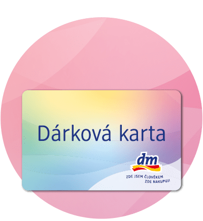 Dvě dárkové karty dm, jedna s konfety, druhá s květinami na oranžovém pozadí