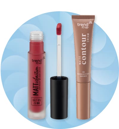 Tekutá rtěnka a krém na konturování značky Trend It Up na modrém pozadí
