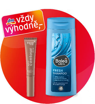 Šampon Balea Men a konturovací tužka trend it up na barevném pozadí s nápisem vždy výhodně