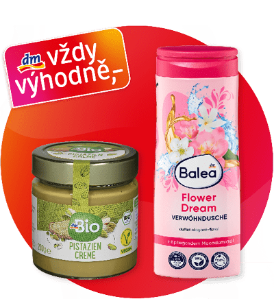 Bio pasta a Balea sprchový gel na červeném pozadí s nápisem Vždy výhodně