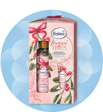 Dárková sada Balea s tělovým sprejem a balzámem na rty s vánočním motivem.