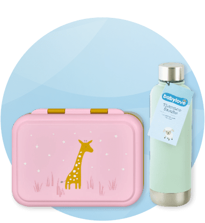 Růžová krabička s žirafou, zelená láhev s visačkou babylove