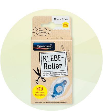 Balení lepicího válečku značky Paradies s ilustracemi nůžek a tužek na obalu