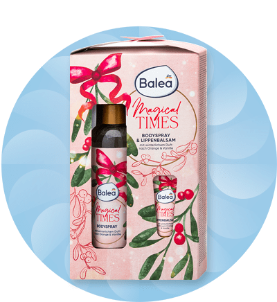 Dárková sada Balea s tělovým sprejem a balzámem na rty s motivem vánočních ozdob