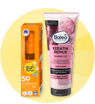Obrázek: Dvě kosmetické lahvičky vedle sebe na žlutém kruhu  Výsledek: Opalovací gel SPF 50 a růžový keratinový šampon