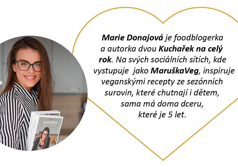 Foodblogerka s knihou v ruce, text o její práci a rodině v srdcovém rámečku