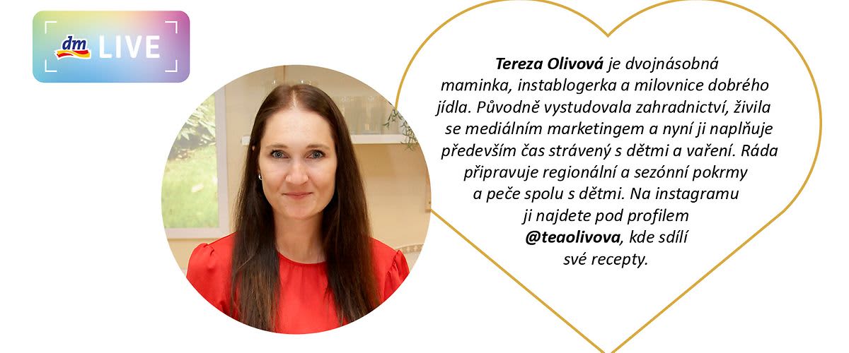 Žena s dlouhými vlasy, text o Tereze Olivové v srdci, zmínka o vaření a Instagramu