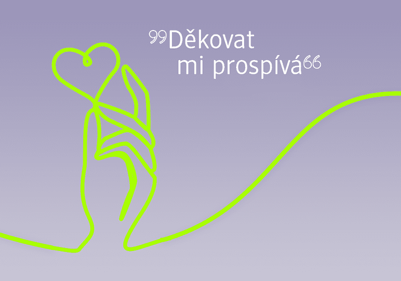 Ruka držící srdce s textem Děkovat mi prospívá na fialovém pozadí