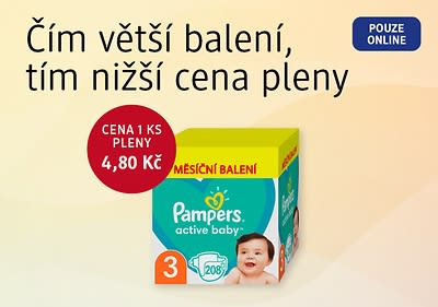 Reklama na plenky Pampers s cenou 4,80 Kč za kus a nápisem Čím větší balení, tím nižší cena pleny