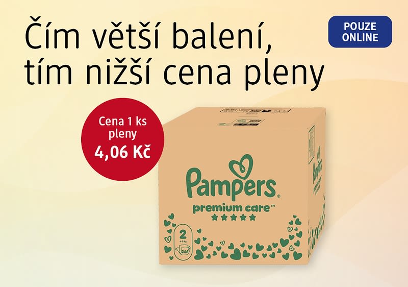 Reklama na plenky Pampers s cenou 4,80 Kč za kus a nápisem Čím větší balení, tím nižší cena pleny