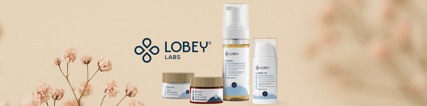 Kosmetické produkty Lobey: čisticí pěna, odličovací mléko, denní a noční krém na béžovém pozadí s květinami.