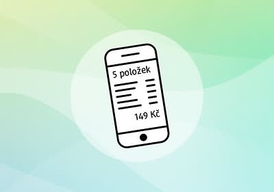 Mobilní telefon s textem 5 položek 149 Kč na barevném pozadí