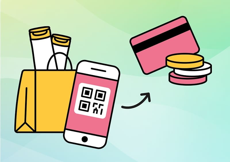 Nákupní taška, mobil s QR kódem, platební karta, mince