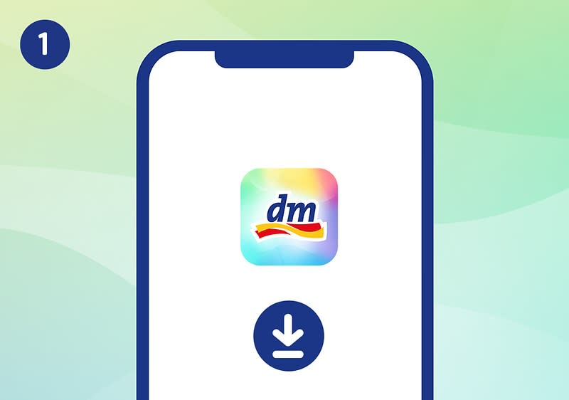 Mobilní telefon s aplikací dm a ikonou stahování na obrazovce