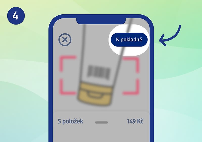 Mobilní obrazovka s tlačítkem K pokladně a rozmazaným obrázkem produktu