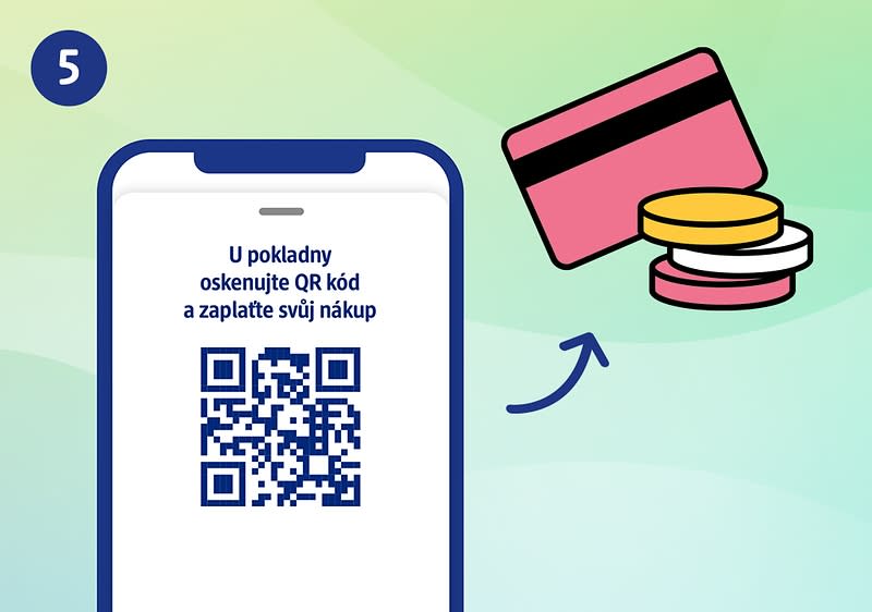 Mobilní telefon s QR kódem a textem, vedle platební karta a mince