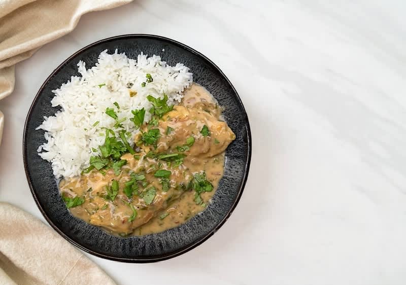 Talíř s rýží a kuřecím masem v omáčce posypaný čerstvým koriandrem na světlém pozadí