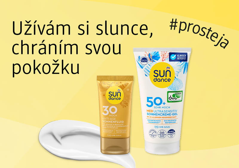 Opalovací krémy Sundance s SPF 30 a 50 na žlutém pozadí s textem o ochraně pokožky