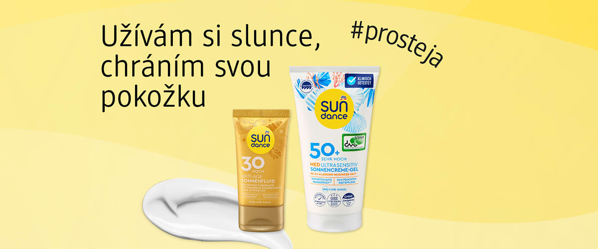 Opalovací krémy Sundance s SPF 30 a 50 na žlutém pozadí s textem o ochraně pokožky