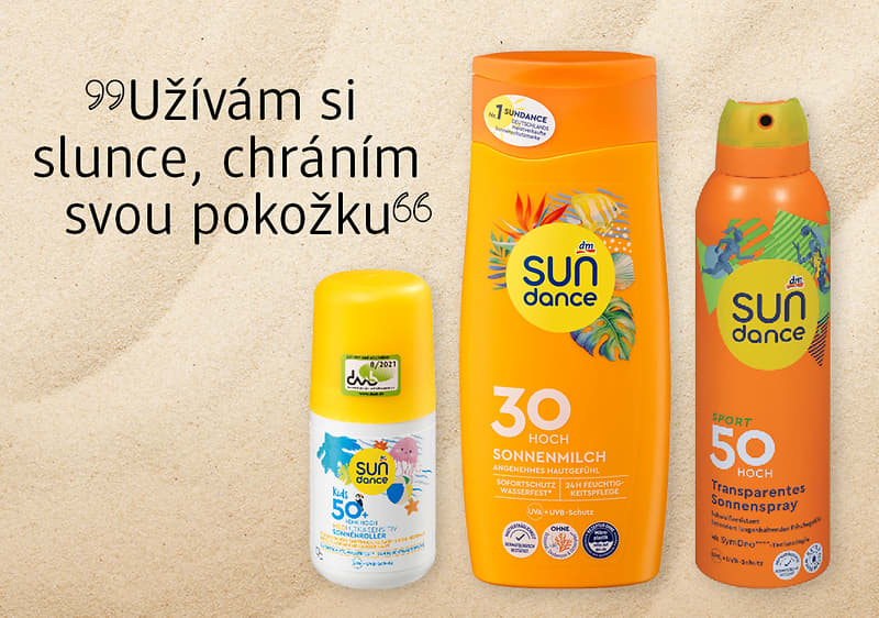 Opalovací krémy Sun Dance s faktorem 30 a 50 na béžovém pozadí s textem o ochraně pokožky