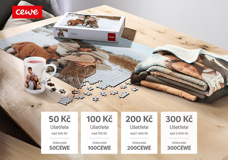Puzzle s rodinnou fotkou, hrnek s fotkou, fotoknihy, slevové kódy na CEWE produkty