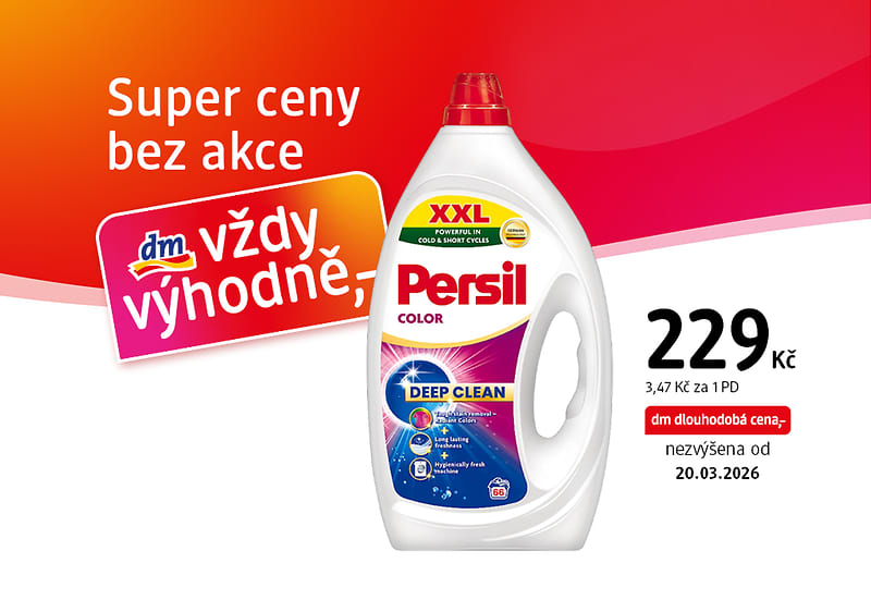 Bílá plastová láhev pracího gelu Persil Color XXL s červeným uzávěrem a etiketou „Deep Clean“ uprostřed, vedle textu „229 Kč“ a nápisu „Super ceny bez akce dm vždy výhodně“, datum „20.03.2026“